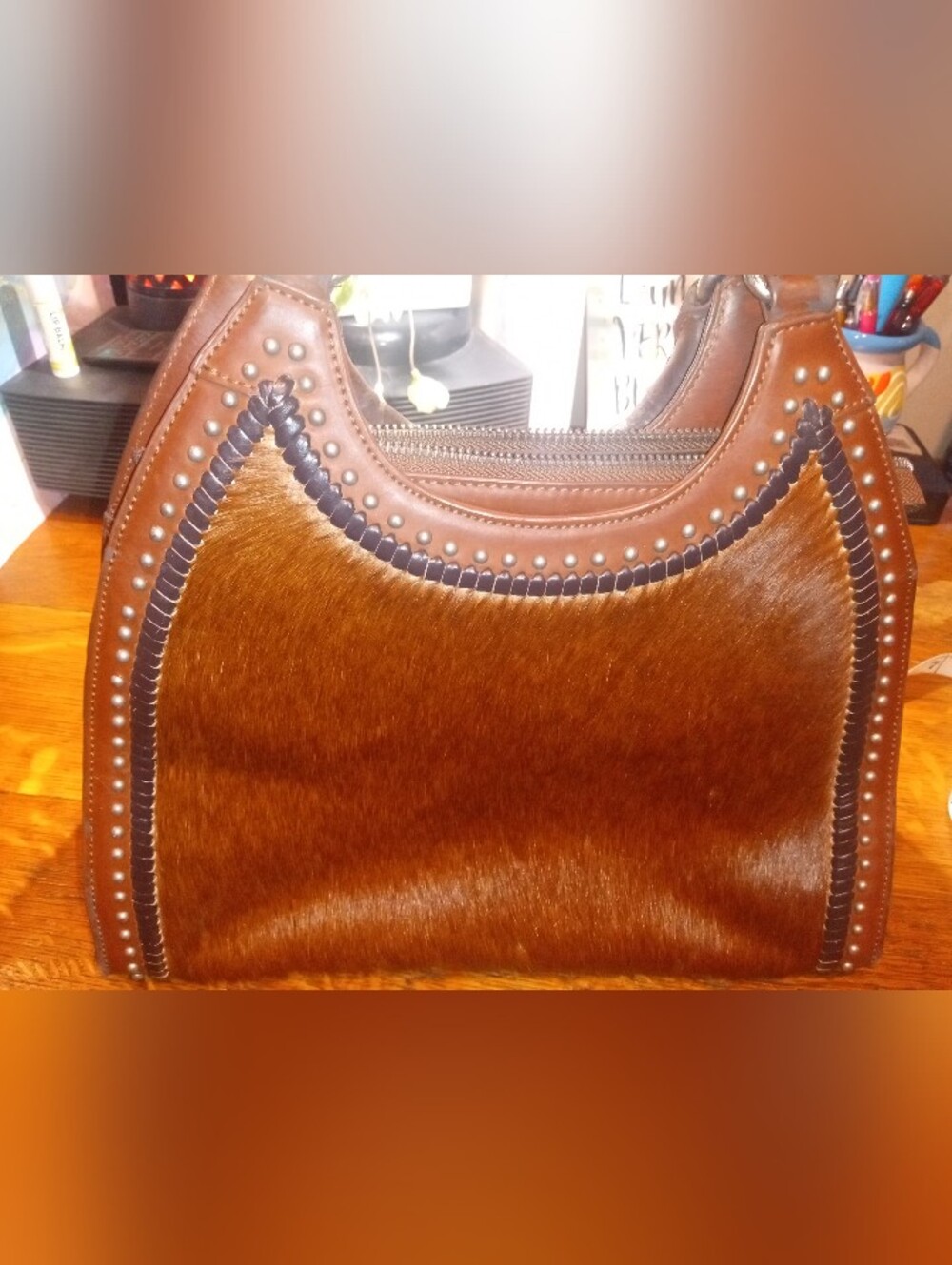 Delila Brown Haircalf & Leather Studded Hand Bag